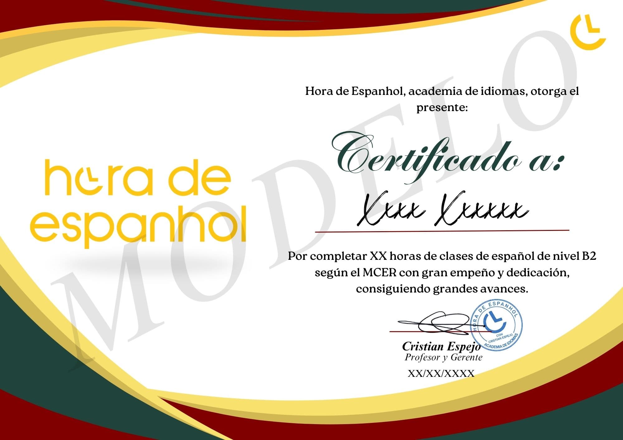 Certificado Hora de Espanhol (Frente)