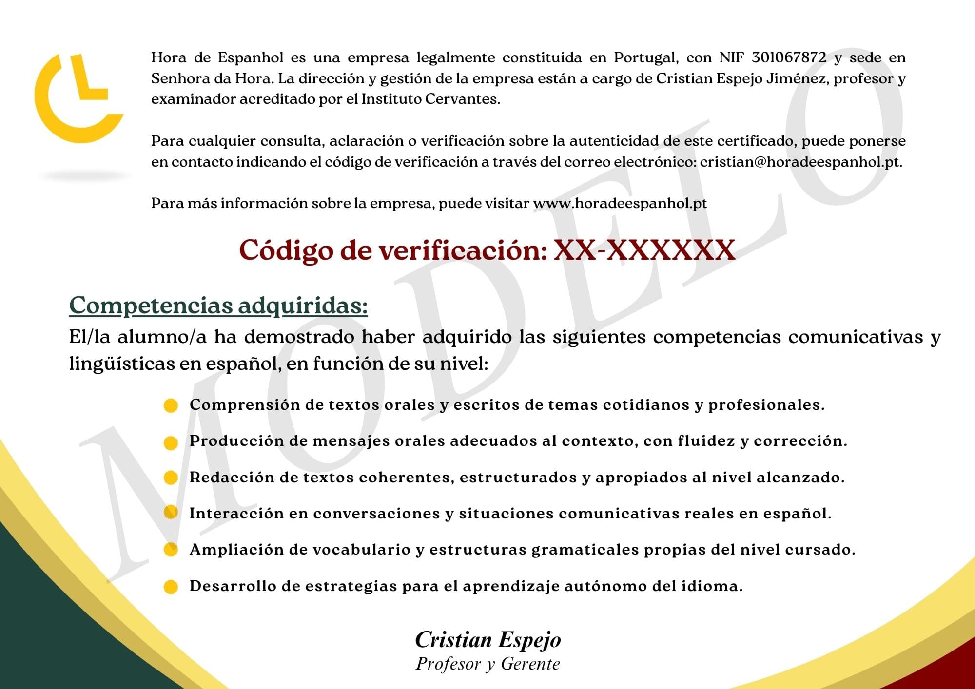 Certificado Hora de Espanhol (Verso)